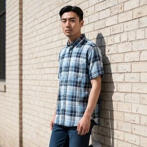 CLUB ROOM XXL Blue Plaid Cotton Linen Camp Shirt Button Down R $70